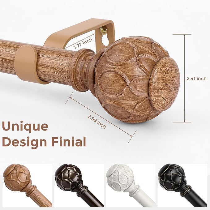 Wood Curtain Rods for Windows 48 to 84 Inch, Boho Vintage Decorative 1 Inch Wooden Curtain Rod, Adjustable Heavy Duty Rustic Farmhouse Drapery Pole with Netted Imitation Wood Grain Finials
