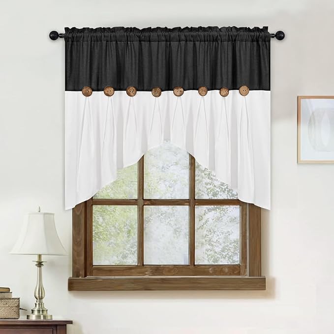 FRAMICS Farmhouse Swag Curtain, Boho Cotton Linen Valance Curtain, Black Rustic Button Window Valance for Kitchen Bathroom Bedroom, Country Rod Pocket Valances for Windows, Black, 52 x 36 Inch