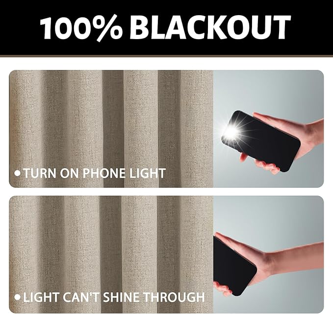 Yakamok Natural Linen Curtains 100% Blackout 84 Inches Long,Room Darkening Textured Curtains for Living Room Thermal Grommet Bedroom Curtains 2 Panels with Greyish White Liner