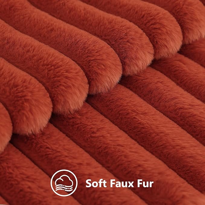 decorUhome Cozy Faux Fur Throw Pillow Covers 20x20 Set of 2 Decorative Soft Plush Striped Modern Farmhouse Boho Couch Pillow Cases with Velvet Back for Sofa Bed Living Room, Rust