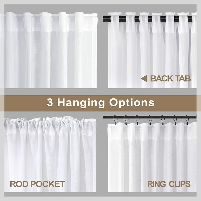 Pitalk White Curtains 86 Inches Long for Living Room 2 Panel Set Back Tab Light Filtering Privacy Semi Sheer Linen Pleat Curtain Rustic Farmhouse Boho Decor Cotton Textured Gauze Drapes 52 x 86 Length