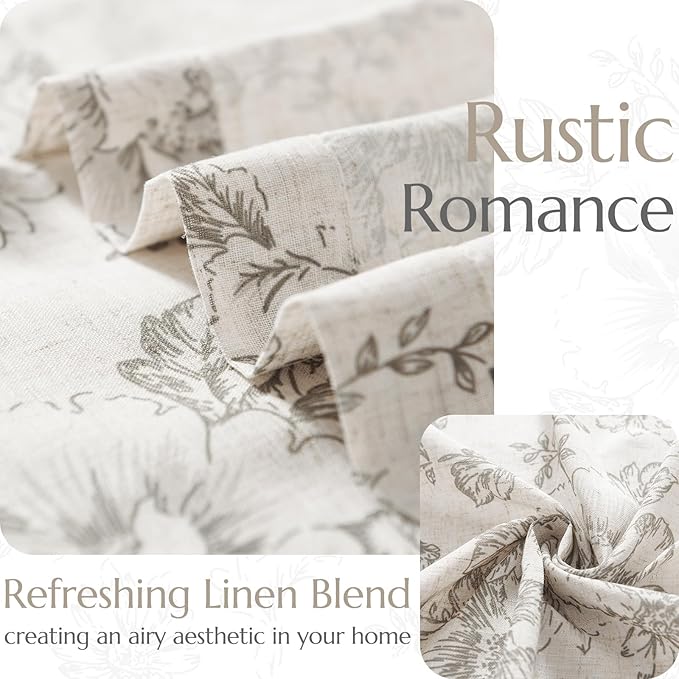 jinchan Linen Blend Curtain Floral Curtains for Living Room 63 Inch Length Grey Printed Curtain Rod Pocket Back Tab Farmhouse Peony Flower Patterned Drapes Bedroom Window Curtains Set 2 Panels