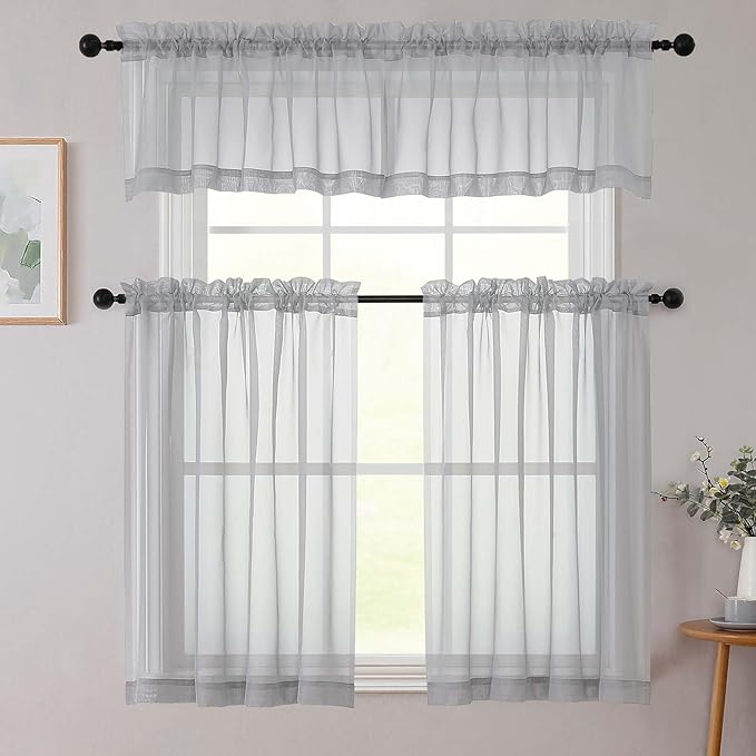 Kitchen Curtains 24 Inch Length Tier 2 Pieces, Light Grey Sheer Curtain Solid Soft Sheer Short Curtains for Windows, Cafe Bathroom Basement Rod Pocket Drapes, Light Grey, Each 42"Wx24"L Inch