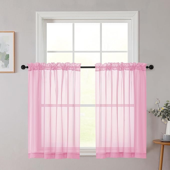Cafe Curtains 36 Inch Length Tier 2 Pieces, Modern Soft Airy Sheer Kitchen Short Curtains for Small Window, Rod Pocket Small Curtain for Bathroom Basement, Pink, Each, 42" Wx36 L Inches
