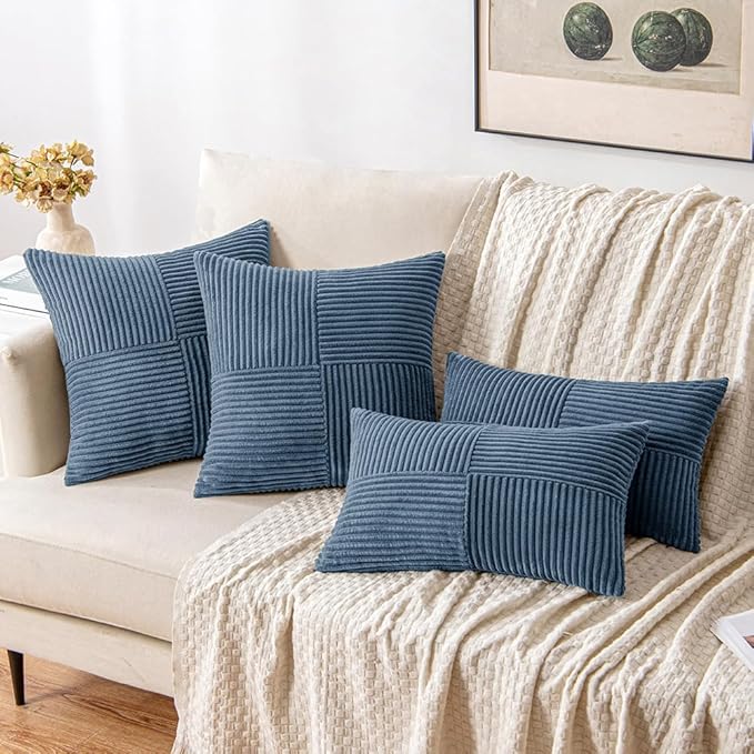 MIULEE Blue Decorative Throw Pillow Covers 16x16 Inch for Couch Bed Sofa Pack of 2 Boho Farmhouse Throw Pillows Soft Cross Corduroy Patchwork Textured Cushion Cases