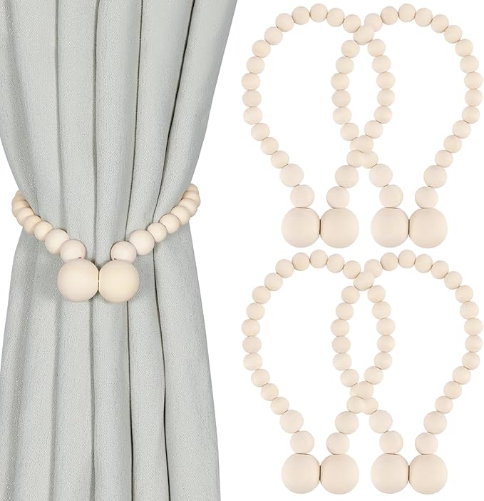 KLOGTSIND Magnetic Curtain Tiebacks, Curtain Tie Backs for Curtains 4 Pack, Wood Bead Curtain Tiebacks, Curtain Holders for Boho Bedroom Decor, Baby Nursery Decor, Farmhouse Decor