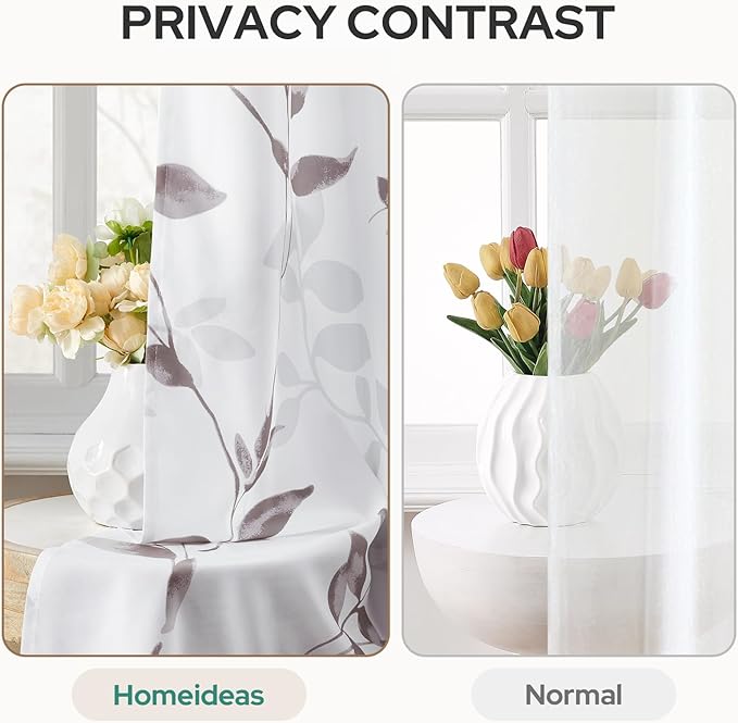 HOMEIDEAS Non-See-Through Dry Rose and White Privacy Sheer Curtains 52 X 84 Inch Length 2 Panels, Leaf Floral Printed Light Filtering Semi Sheer Window Curtains Drapes for Bedroom Living Room