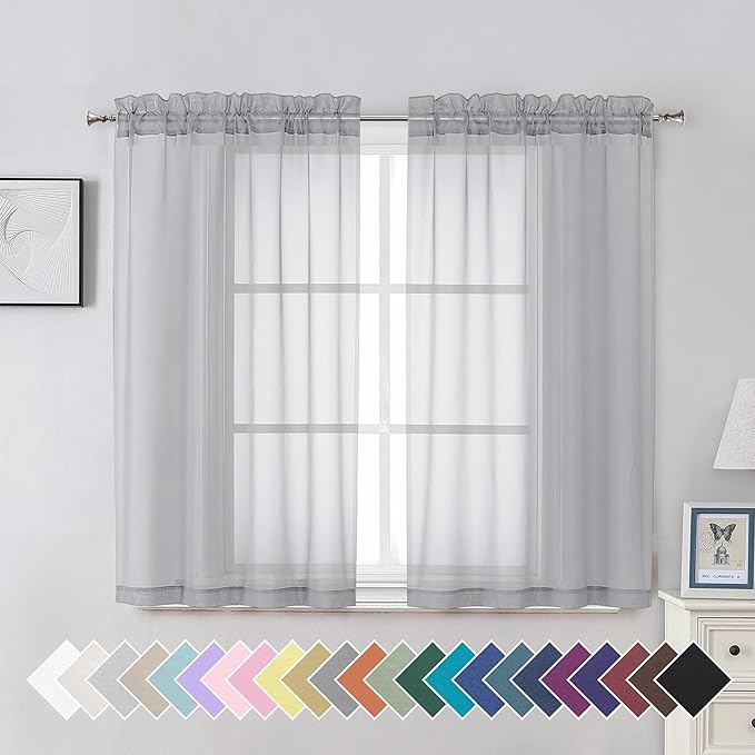 Aiyufeng Light Grey Sheer Curtains 45 Inch Length 2 Panels Set, Light Filtering Light Grey Window Curtain Drapes Treatment for Kitchen, Bedroom,Children Room, Dual Rod Pocket, 2 Pack of 42 x 45"