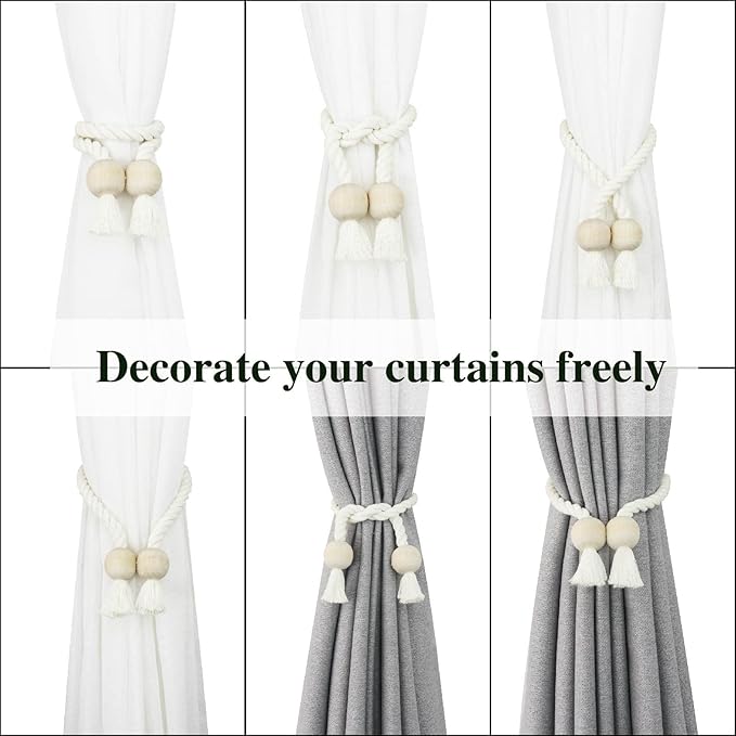 2 Pack Magnetic Curtain Tiebacks Cotton Hand Woven Tie Back Decorative Rope Holdbacks for Curtains Draperies No Tools Required, Cream