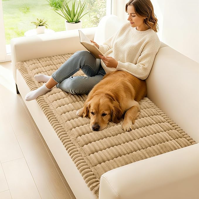 hyha Couch Covers for Dogs Washable, Non Slip Plush Dog Sofa Protectors, Fuzzy Pet Couch Covers for 3 Cushion Sofa Pet Friendly (Camel, 27.6" x 59")