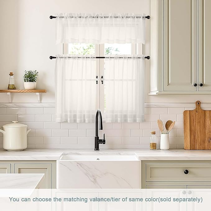 Ivory Valances for Windows 14 inch Length 2 Panels Set, Small Voile Sheer Curtains for Bathroom, Soft Fabric Lightweight Light Filtering Kitchen Curtains, Dual Rod Pocket, 2x42Wx14L Inches
