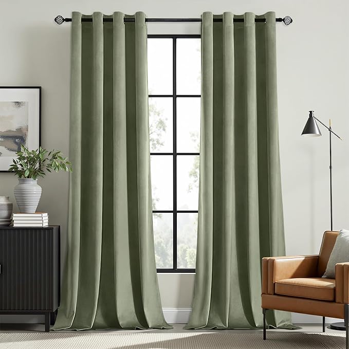 MIULEE Velvet Curtains Sage Green Elegant Grommet Curtains Thermal Insulated Soundproof Room Darkening Drapes for Classical Living Room Bedroom Decor 52 x 84 Inch Set of 2