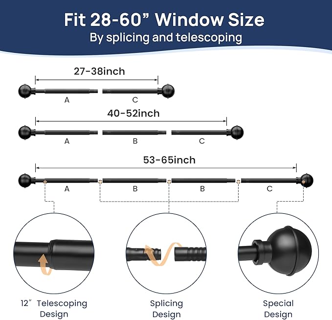 ENJOYBASICS No Drill Curtain Rods for Window 28 to 60 Inches, 5/8 Inch Diameter Renter Friendly Drapery Rod with Adhesive Brackets without Drilling, Adjustable from 27 to 65 Inches, Black