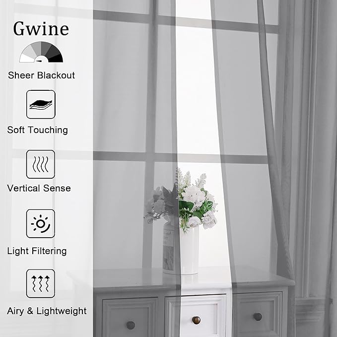 Gwine Charcoal Grey Sheer Kitchen Curtains 36 Inch Length, Light Filtering Voile Soft Airy Small Cafe Curtains, Short Window Curtain for Bathroom Basement, 42x36 inch, 2PCS