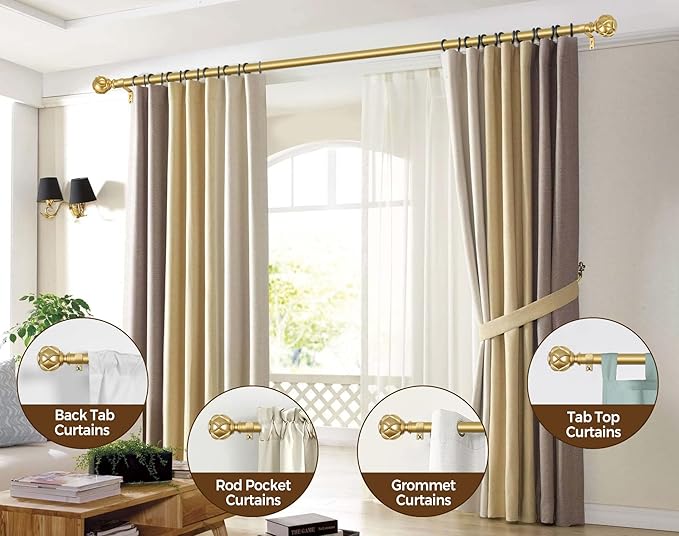 KAMANINA Curtain Rods for Windows 48 to 84 Inch, Gold Heavy Duty Curtain Rod Adjustable, 7/8 Inch Single Decorative Drapery Rod 32 to 86 Inch(2.6-7.1Ft), Netted Texture End