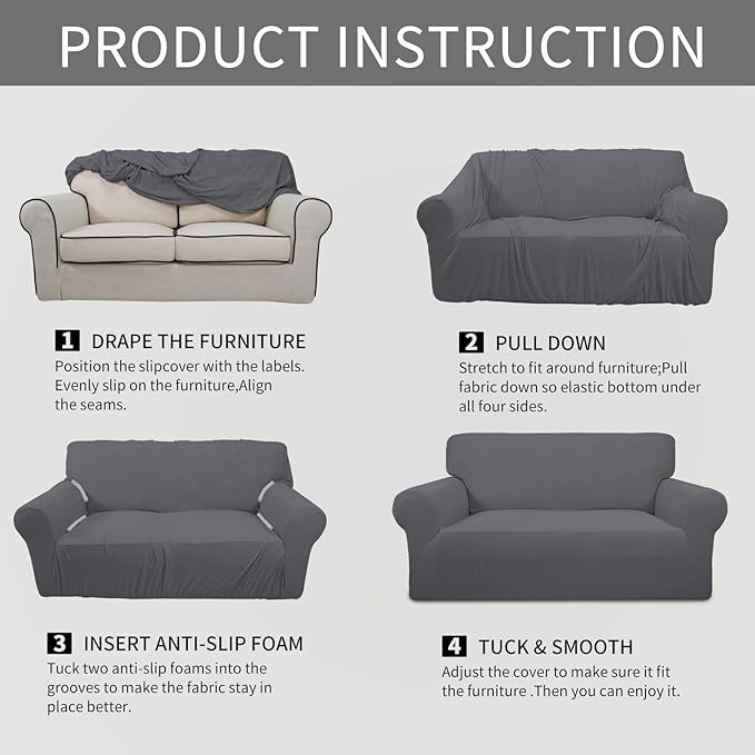 Easy-Going Stretch Oversized Sofa Slipcover 1-Piece Sofa Cover Furniture Protector Couch Soft with Elastic Bottom for Kids, Polyester Spandex Jacquard Fabric Small Checks Gray