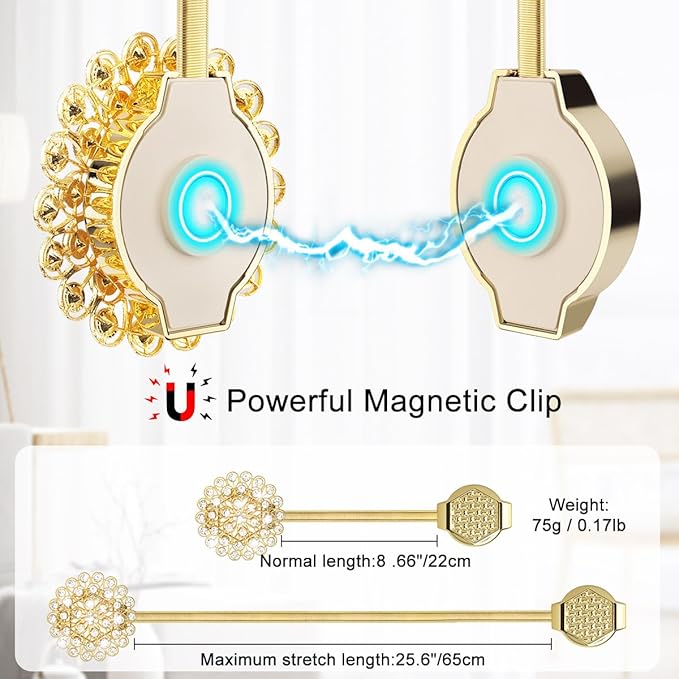 AULEEP Magnetic Curtain Tiebacks, 4 Pack Magnetic Crystal Decorative Drapes Curtain Clips Buckle, Flower Curtain Tie Back, European and American Style (Gold)