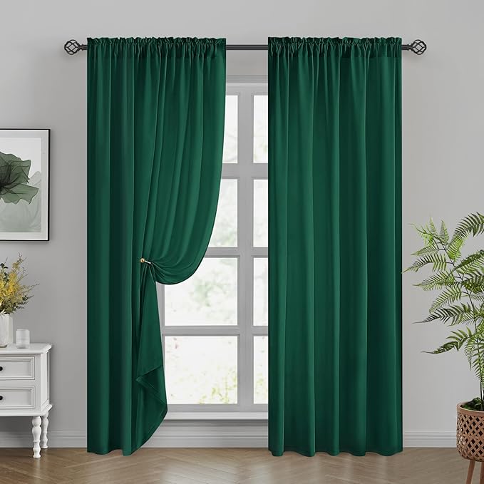 HOMEIDEAS Christmas Non-See-Through Hunter Green Privacy Sheer Curtains, 52 X 84 Inches Long 2 Panels Sheer Curtains Light Filtering Window Drapes for Bedroom Living Room