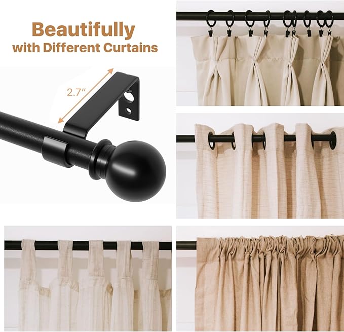 Black Curtain Rods for Windows 66 to 120, Adjustable Length, Heavy Duty Steel Rod, Wall Mounted, 120 Inch