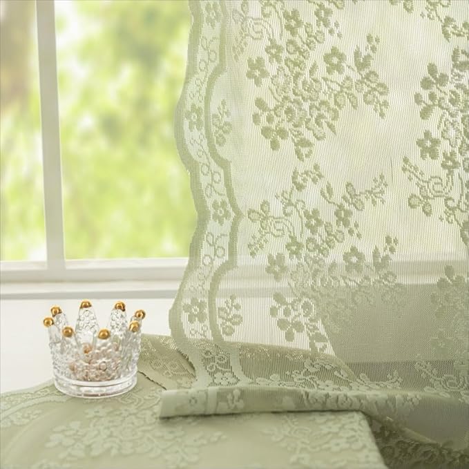 YJ YANJUN Vintage Lace Curtains 84 Inch Long- Victorian Floral Pattern Sheer Sage Green Curtains for Bedroom Living Room Kitchen Hallway 2 Panels Set Rod Pocket Spring Summer Boho Decor 52Wx84L