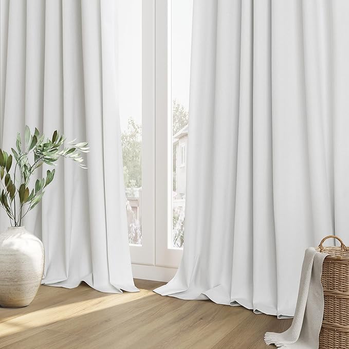 Guken White 100% Blackout Linen Curtains 95 Inch Length 2 Panels Set for Living Room Bedroom Back Tab Rod Pocket Thermal Insulated Black Out Drapes Room Darkening Window Curtains 52x95