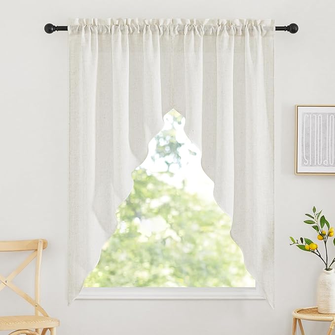 RYB HOME Window Topper Valances - Flax Linen Curtains Half Privacy Protected Soften Sunlight Sheer Curtains for Kitchen, Living Room, Guest Room, Linen, Wide 36 x Long 63, 2 Pack