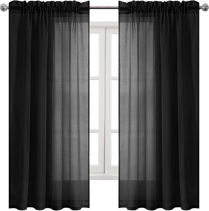 DWCN Black Sheer Curtains Semi Transparent Voile Rod Pocket Curtains for Bedroom and Living Room, 52 x 63 inches Long, Set of 2 Panels