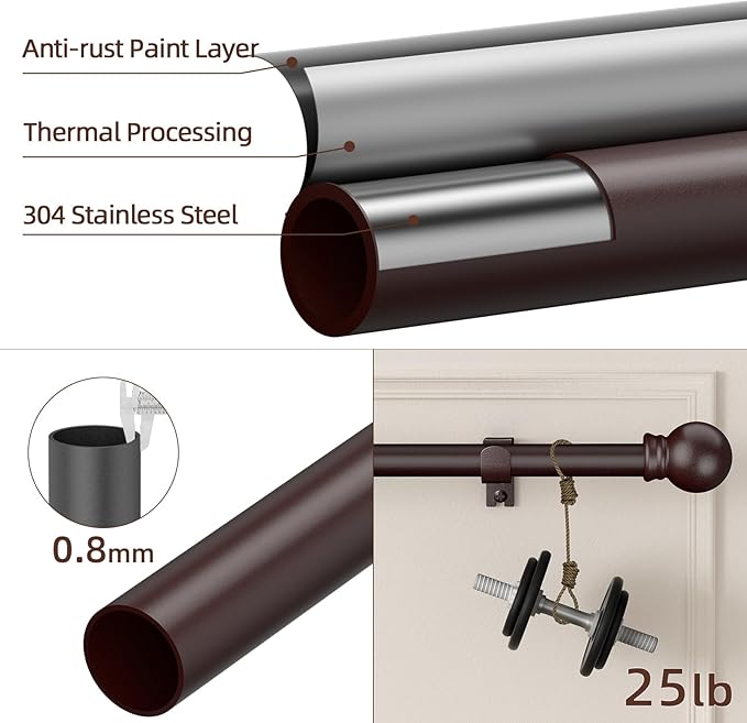 SMODBRODRE Curtain Rods for Window 32 and 48, Brown 5/8 inch Splicing Single Window Curtain Rod Set with Brackets