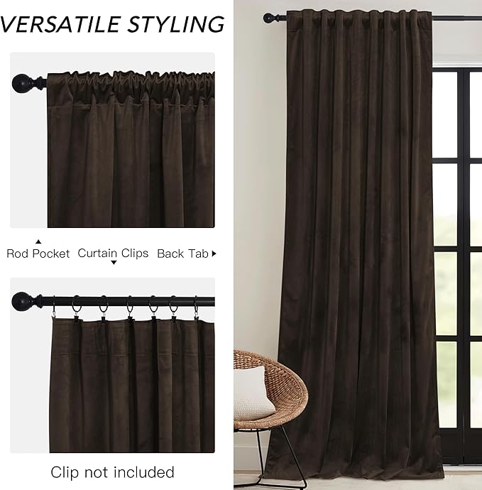 RYB HOME Brown Velvet Curtains 72 inches with Hook Belt, Soft Fabric Room Darkening Thermal Insulated Luxurious Home Decor Curtains for Living Room Bedroom, W 52" x L 72", 2 Panels Set