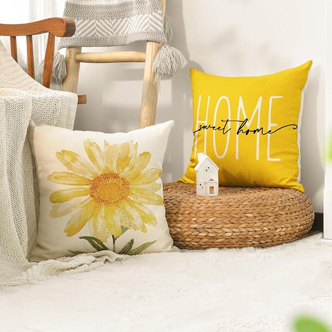 AVOIN colorlife Home Sweet Home Spring Summer Flowers Yellow Throw Pillow Covers, 16 x 16 Inch Cushion Case for Sofa Couch Set of 4