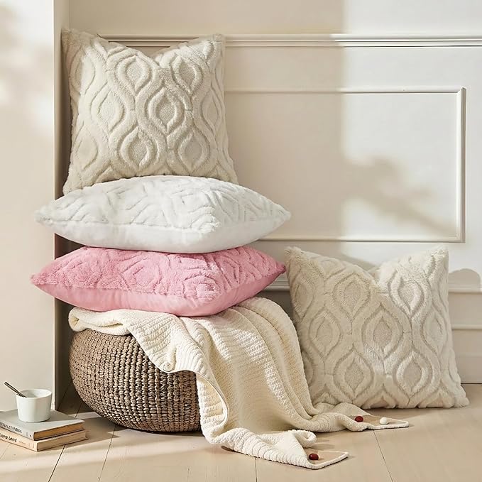 decorUhome Throw Pillow Covers 16x16 Inch Set of 2, Soft Plush Faux Wool Beige Solid Couch Pillow Covers, Accent Farmhouse Neutral Square Pillow Cases for Sofa Bed Living Room