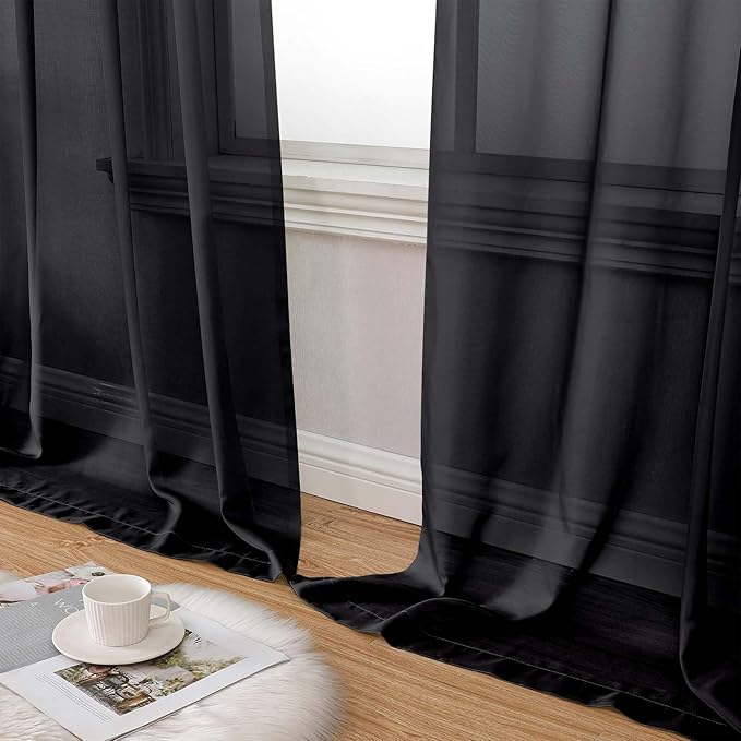 Black Sheer Curtains 84 Inches Long 2 Panels, Soft Airy Light Filtering Curtains for Bedroom Living Room, Modern Rod Pocket Privacy Drapes Window Treatments, Black, Total Wide 84 Inch