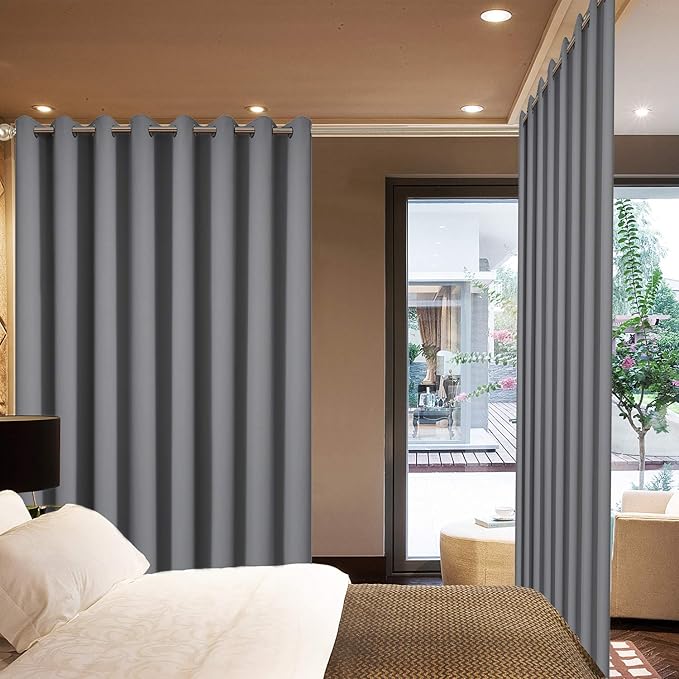 Yakamok Blackout Patio Curtains 100x84 Inches for Sliding Door Extral Wide Blackout Curtain Panels Thermal Insulated Room Divider - Grommet Top, 7' Tall by 8.3' Wide - Grey