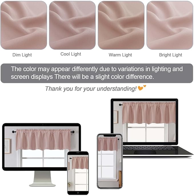 Chyhomenyc Blush Pink Valances for Window, Room Darkening Short Curtains for Kitchen Bedroom Living Room, Rod Pocket Top Small Window Treatment Valance RV Bunk Panels, 60Wx18L, 2 Pieces