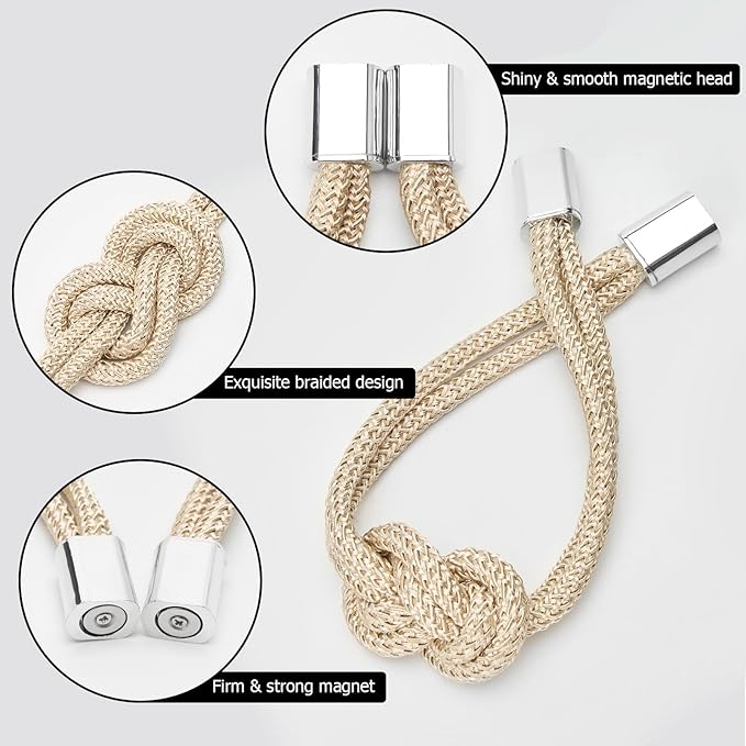 NICEEC 4 Pack Mini Magnetic Curtain Tiebacks Nordic Simple Style Drape Tie Backs Elegant Hand Weave Rope Knot Decorative Curtain Holdbacks for Home & Office Thin Window Drapery (Beige)