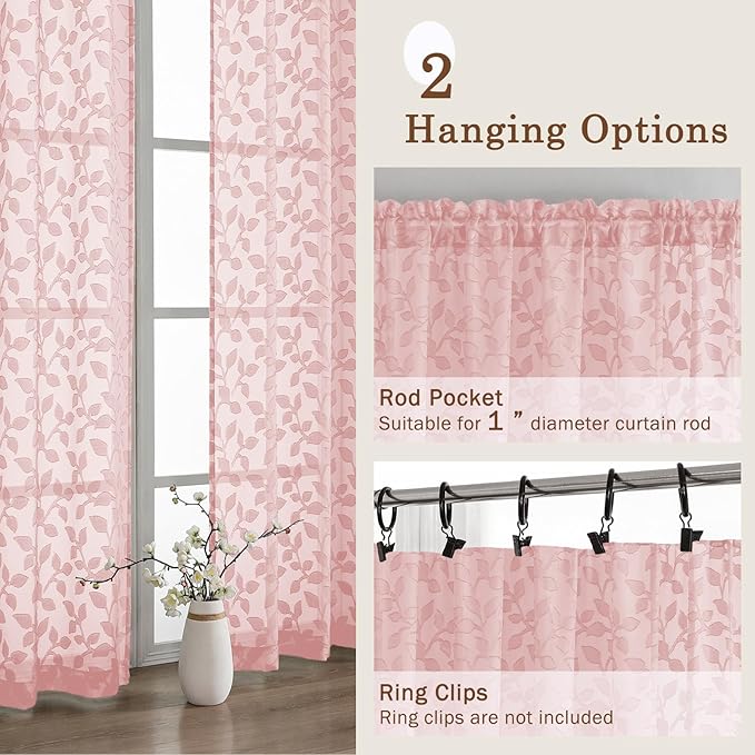 Chyhomenyc Blush Pink Sheer Curtains 24 Inch Length, Light Filtering Leaf Tufted Textured Small Window Kitchen Curtain Over Sink, Short Half Window Curtains for Bathroom Basement, 30"Wx24"L, 2 Panels
