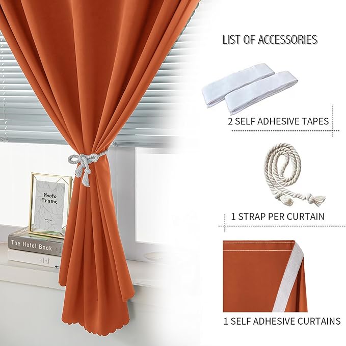 Self Adhesive Curtains Portable Blackout Curtain Simple and Easy to Install Bedroom Window Thermal Lnsulated Kitchen Room Darkening Black Small Drapes, 35" W X 71" L, Orange, 1 Panel