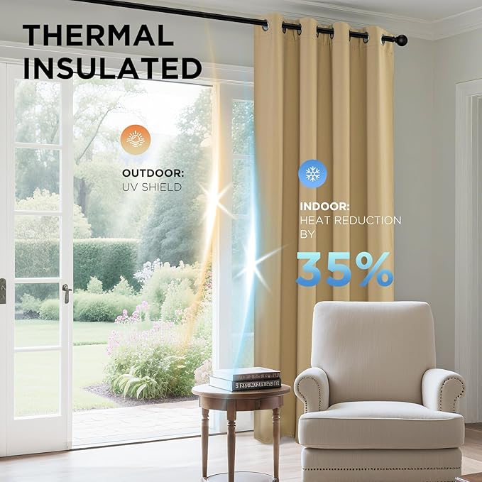Joydeco Blackout Curtains 72 inches Long 2 Panels Set, Thermal Insulated Long Curtains & Drapes 2 Burg, Room Darkening Grommet Drapes for Bedroom Living Room Windows (W42 x L72 Inch, Beige)