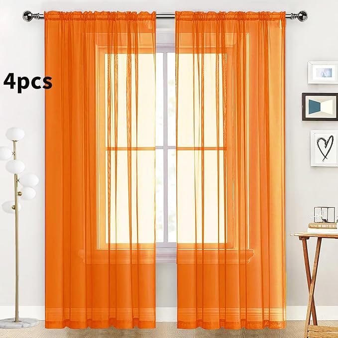 SpaceDresser Orange Sheer Curtains 4 Panels Rod Pocket Semi-Sheer Curtain 45 Inches Long Light Filtering Voile Window Drapes for Bedroom Living Room Kitchen, Each 52W x 45L