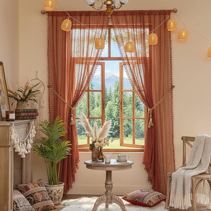 WAZZIO Boho Lace Curtains 72 Inches 2 Panel,Light Filtering Privacy Tassel & Geometry Crochet Semi Sheer Curtain Drapes for Bedroom Living Dining Room,Rod Pocket & Tassel,Full Decor,Burnt Orange