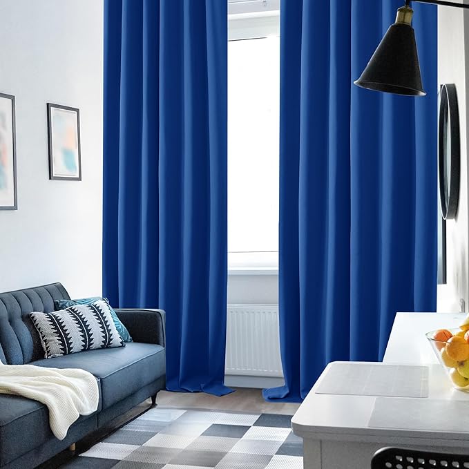 Deconovo Solid Rod Pocket Curtains Room Darkening Curtains Blackout Thermal Insulated Curtains for Patio Door 52Wx95L Inch Royal Blue Set of 2