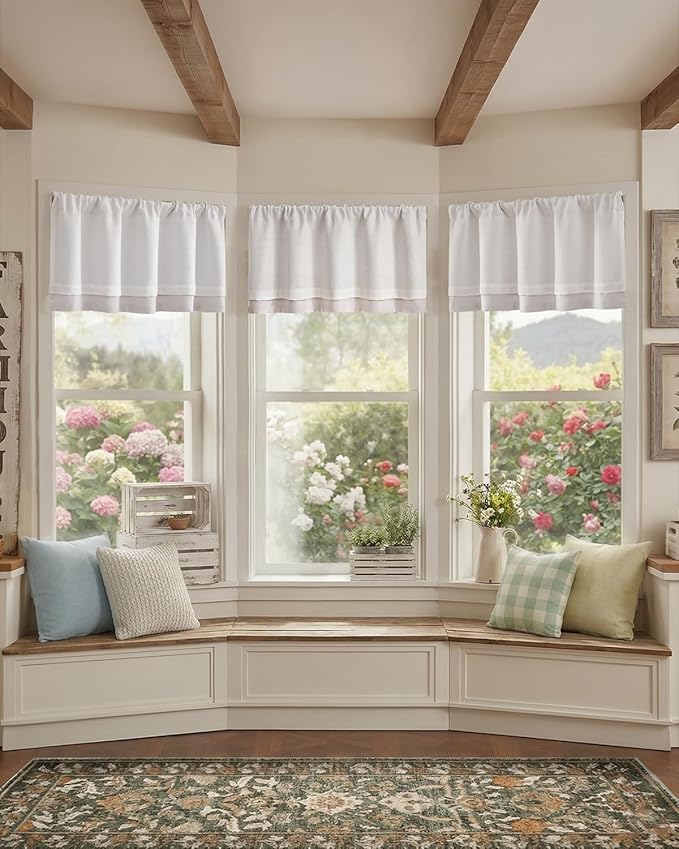 jinchan Curtain Light Filtering Kitchen for Living Room Bedroom Small Windows Valance 18 Inch Double Layer Farmhouse Window Rustic Overlay Rod Pocket 1 Panel White