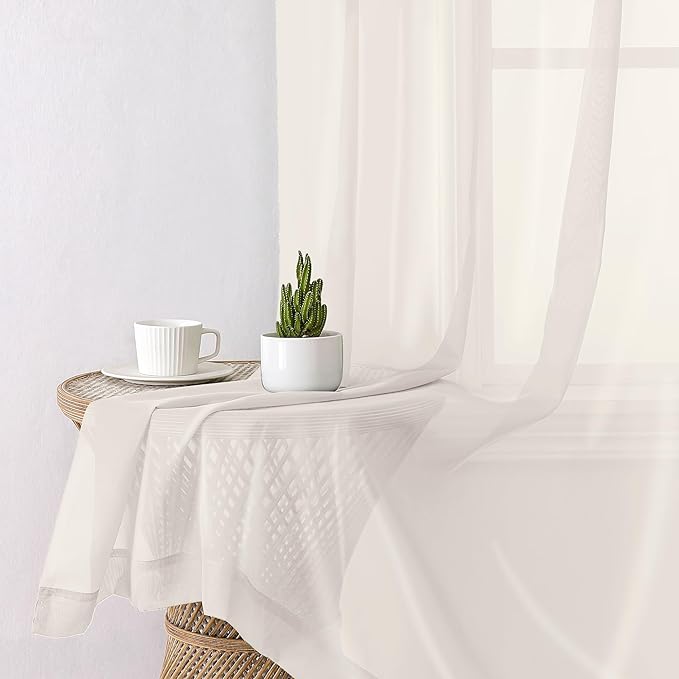 Lecloud Ivory Sheer Curtains 90 Inches Long 2 Panels, Elegant Light Filtering Voile Breathable Curtains, Solid Window Treatments with Dual Rod Pocket for Dining Room Bedroom, Each 42" W x 90" L