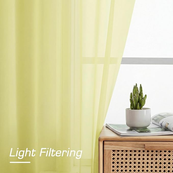 OWENIE Sheer Curtains 90 inches Long 2 Panels Set for Living Room/Bedroom, Rod Pocket Voile Sheer Panel Drapes, Airy Soft Fabric Window Treatments, 2pcs, Each 42" W x 90" L, Light Yellow