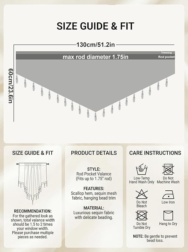 Molaxhome Swag Curtain 51 inch Length Rod Pocket Scalloped Curtain Valance Sheer Lace Panels with Hanging Crystal Beads for Kitchen Bedroom Window Treatments Drape Decor 1pc (Sequin Yellow, 51Wx23L)