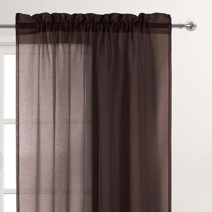 DWCN Brown Sheer Curtains Semi Transparent Voile Rod Pocket Curtains for Bedroom and Living Room, 42 x 54 inches Long, Set of 2 Panels