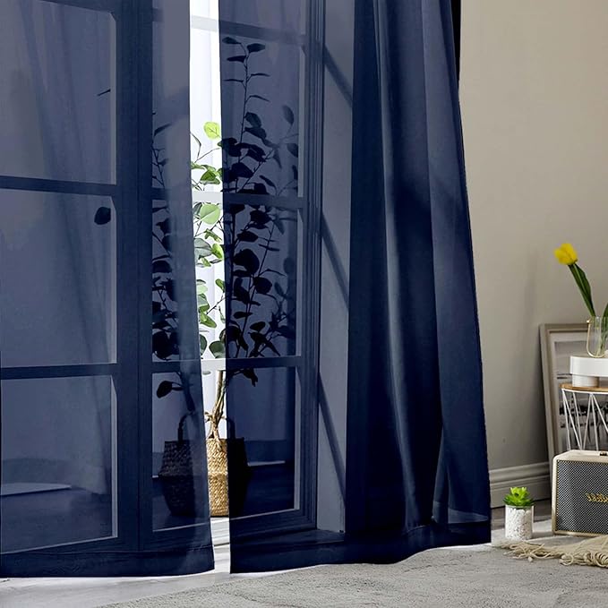 Navy Blue Sheer Curtains 84 Inches Long 2 Panels, Soft Airy Light Filtering Curtains for Bedroom Living Room, Rod Pocket Privacy Drapes Window Treatments, Navy Blue, Total Wide 84 Inch