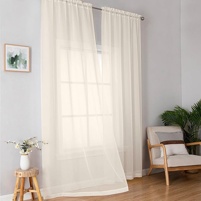 Simplebrand Rod Pocket Top Solid Voile Sheer Curtains for Bedroom, 54 Inch Length Drapes Set of 2, Lightweight and Light Filtering Elegant Curtains Panels Window Treatment, 42W×54L, Cream