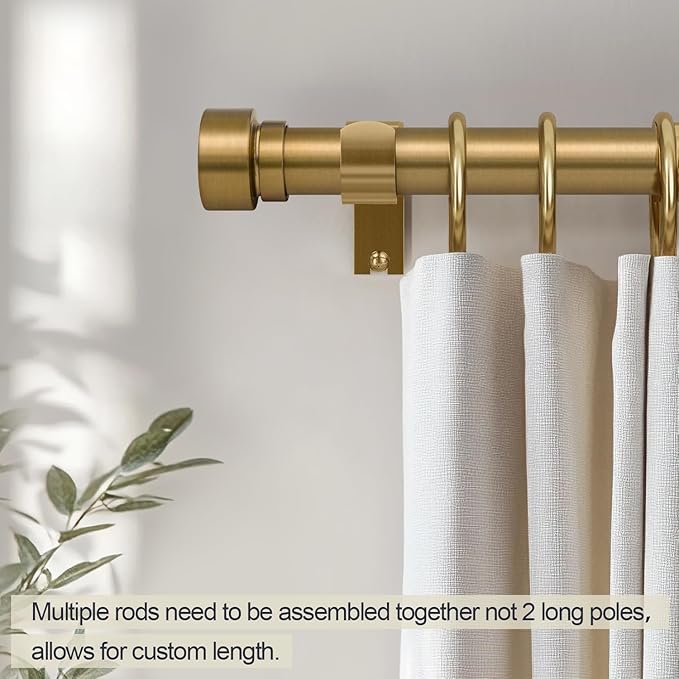 Lootkell 2 Pack Warm Gold Curtain Rods for Windows 66 to 120 Adjustable Length Heavy Duty 1" Diameter Brass Window Rod with Solid Metal Finials for Outdoor Farmhouse Bedroom Kitchen Living Room