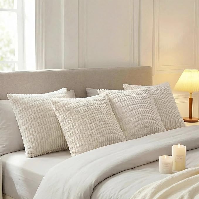 Fancy Homi 4 Packs Boho Cream Decorative Throw Pillow Covers 26x26 Inch for Living Room Couch Bed Sofa, Rustic Modern Farmhouse Home Decor, Soft Plush Corduroy Beige Cute Square Cushion Case 66x66 cm